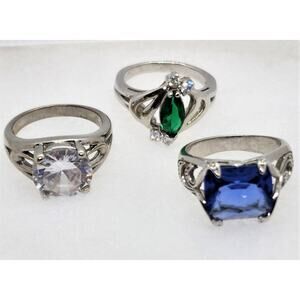 RINGS-DIAMOND CANDLE RINGS-Different Colors-Silver Tone-Lot of 3 All Size 7
